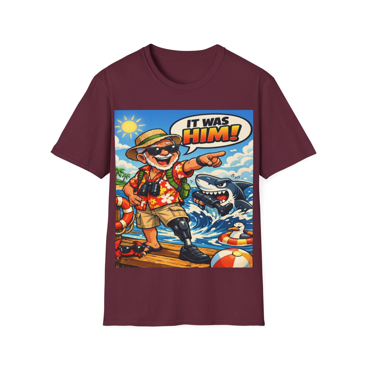 Adult T-Shirt — Retro Vacation Shark 'It Was Him!' Graphic Tee