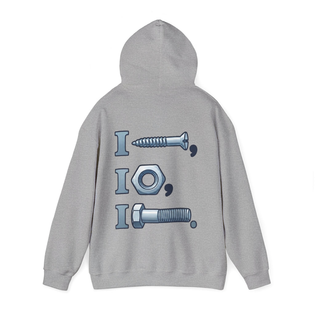 Screw, Nut, Bolt Adult Hoodie — Mechanical Pun Graphic Hooded Sweatshirt