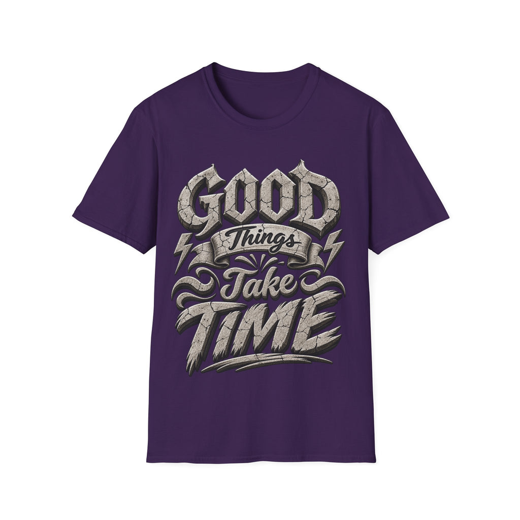 Adult T-Shirt — 'Good Things Take Time' Vintage Script Graphic Tee