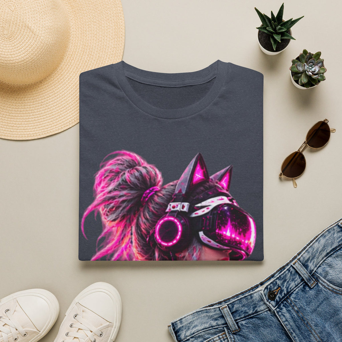 Cat VR Gamer Adult T‑Shirt — Neon Pink Cyberpunk Kitty Gamer Tee