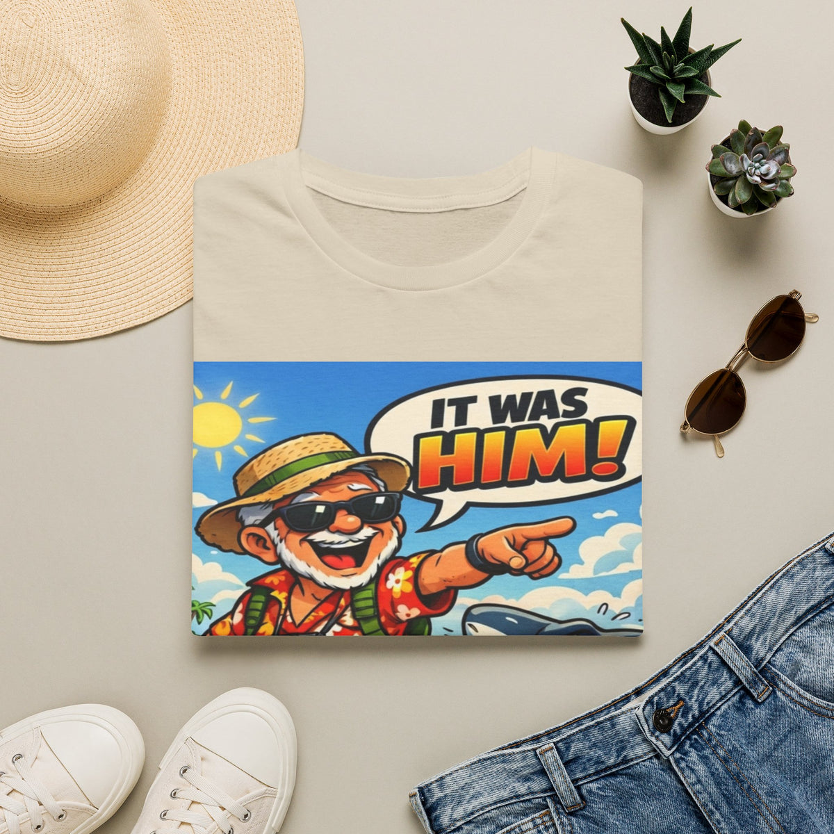 Adult T-Shirt — Retro Vacation Shark 'It Was Him!' Graphic Tee