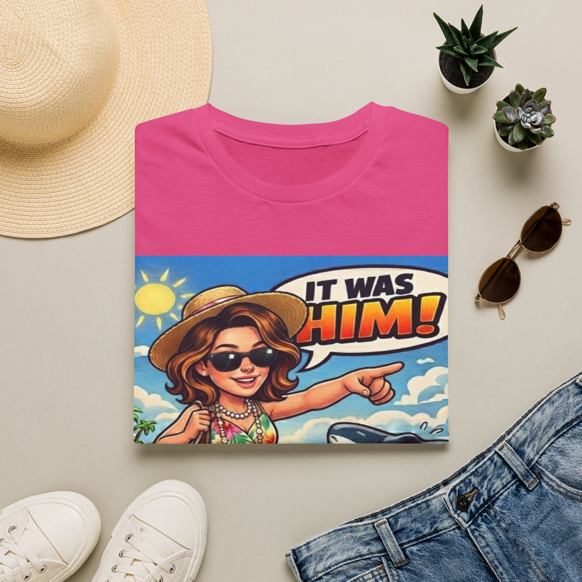 Adult T-Shirt — 'It Was Him!' Beach Shark Graphic Tee