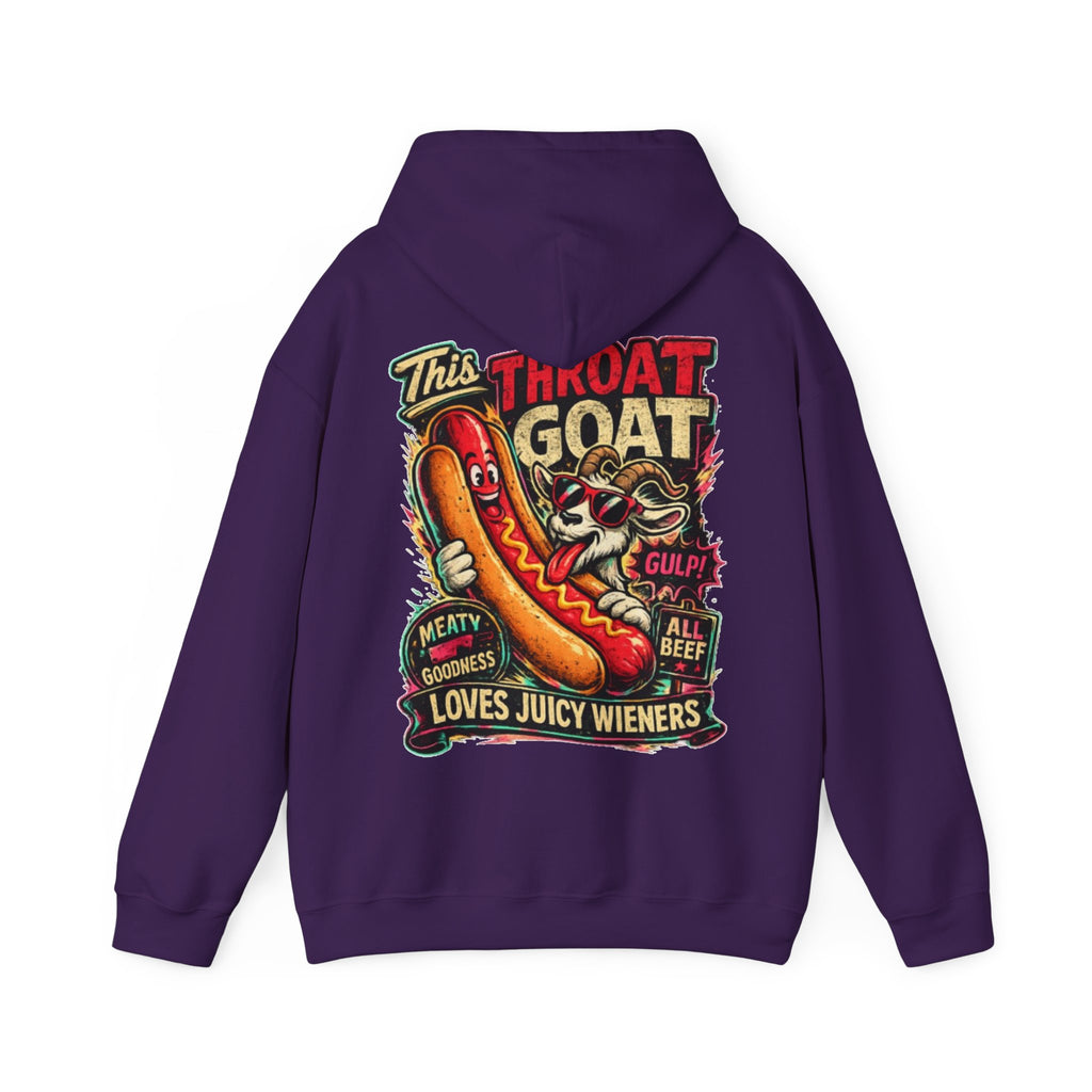Hot Dog Goat Adult Hoodie - "This Throat Goat Loves Juicy Wieners" Graphic Hooded Sweatshirt
