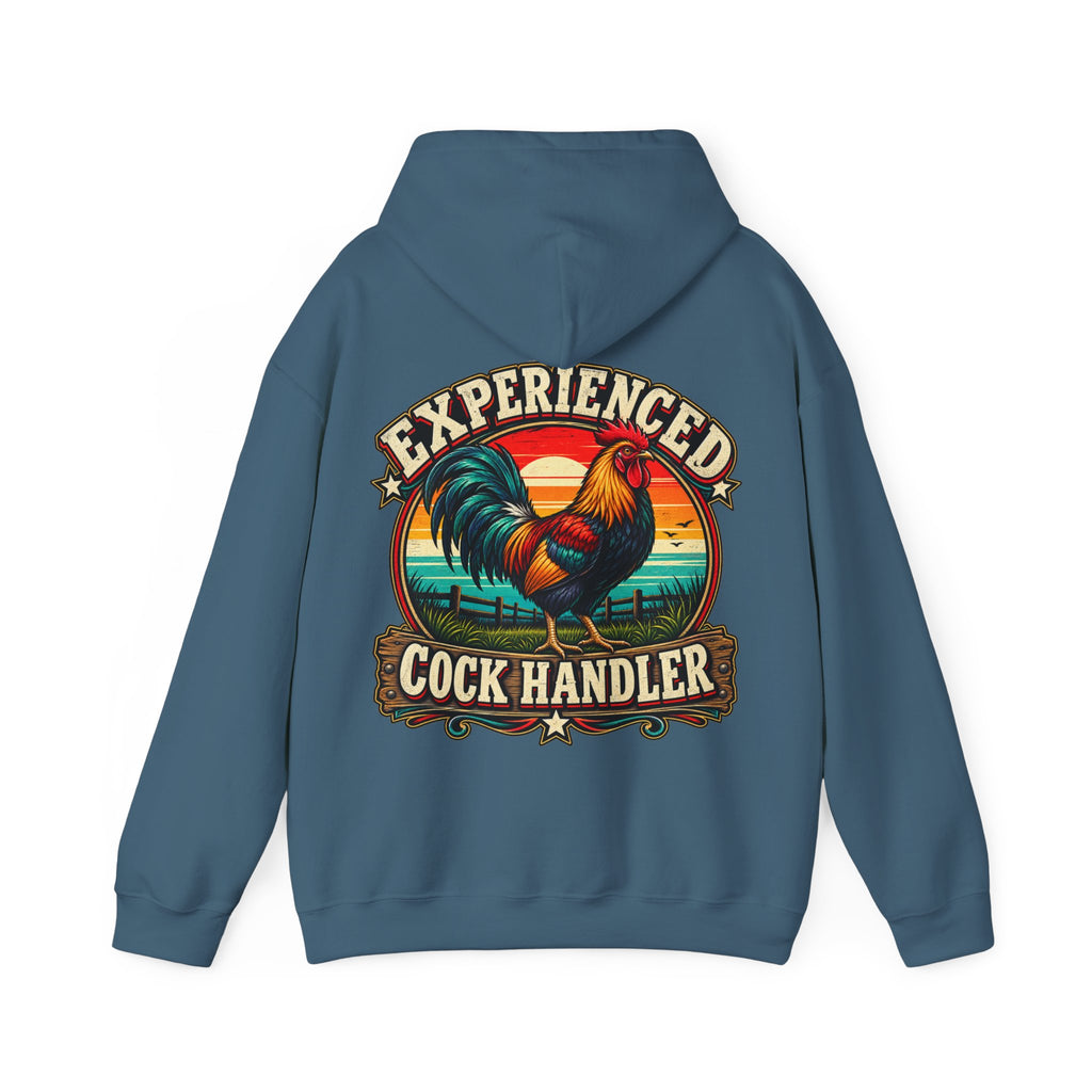 Adult Hoodie — "Experienced Cock Handler" Vintage Rooster Farm Humor Pullover