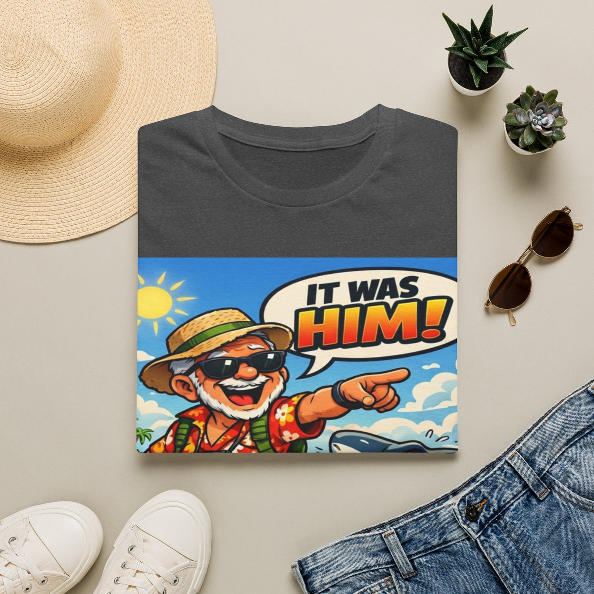 Adult T-Shirt — Retro Vacation Shark 'It Was Him!' Graphic Tee