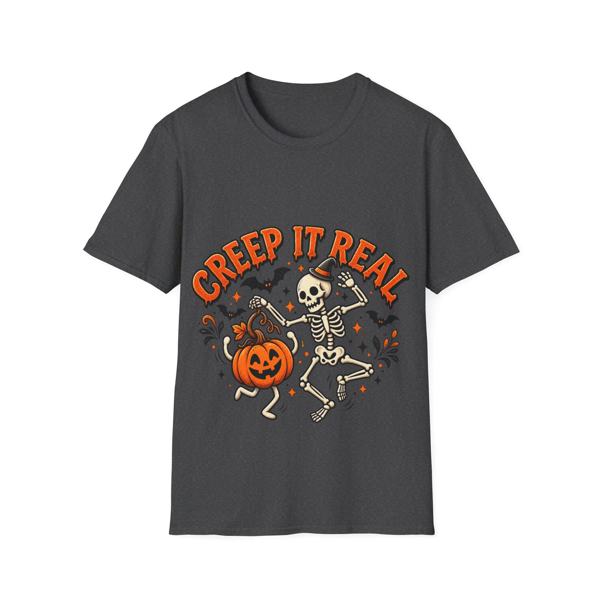 Creep It Real Halloween Adult T-Shirt — Dancing Skeleton & Pumpkin Graphic