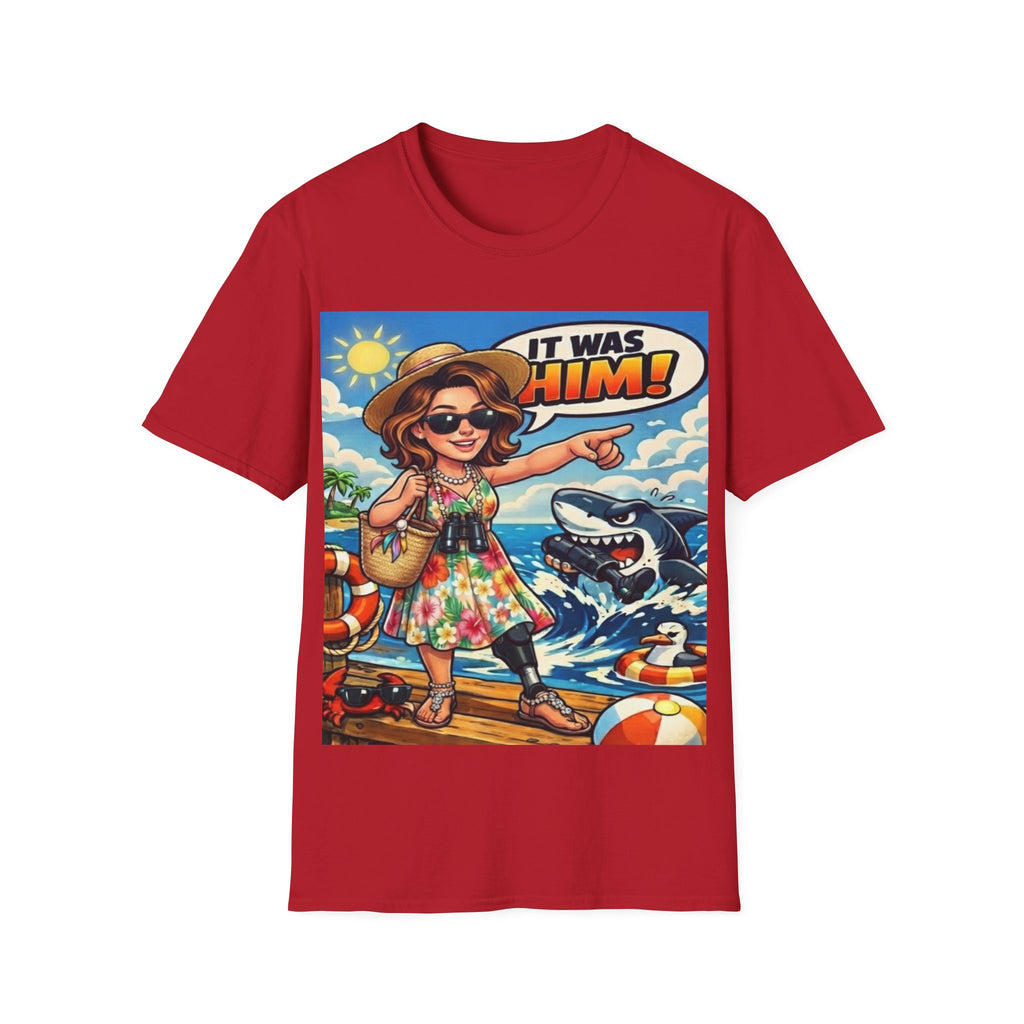 Adult T-Shirt — 'It Was Him!' Beach Shark Graphic Tee