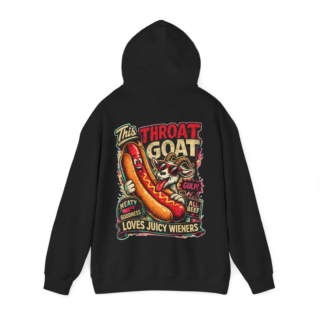 Hot Dog Goat Adult Hoodie - "This Throat Goat Loves Juicy Wieners" Graphic Hooded Sweatshirt