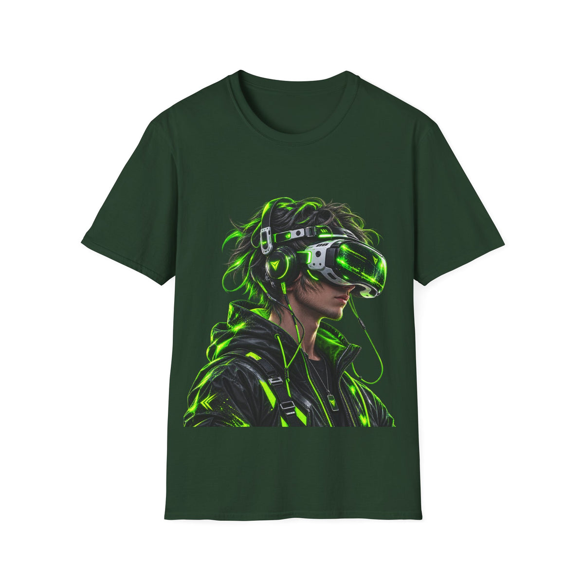 Cyberpunk VR Gamer Adult T-Shirt — Neon Green Virtual Reality Jacket Design