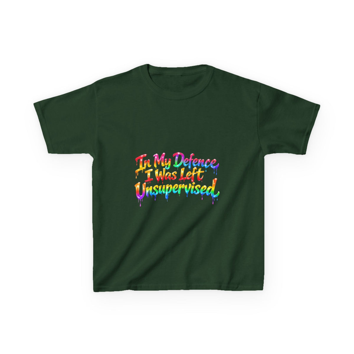 Kids Tee — "In My Defence I Was Left Unsupervised" Rainbow Drip Graphic