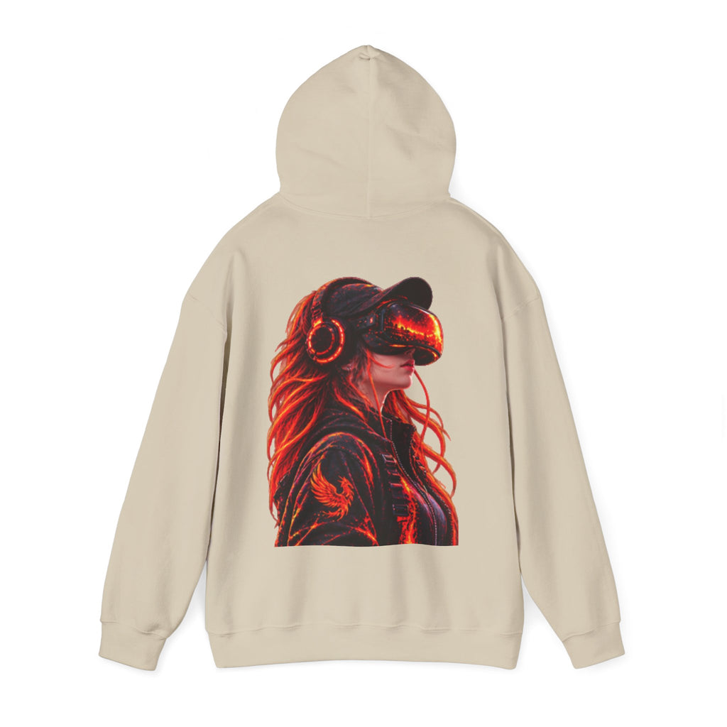VR Headset Adult Hoodie — Futuristic Gamer Portrait Graphic Hooded Sweatshirt