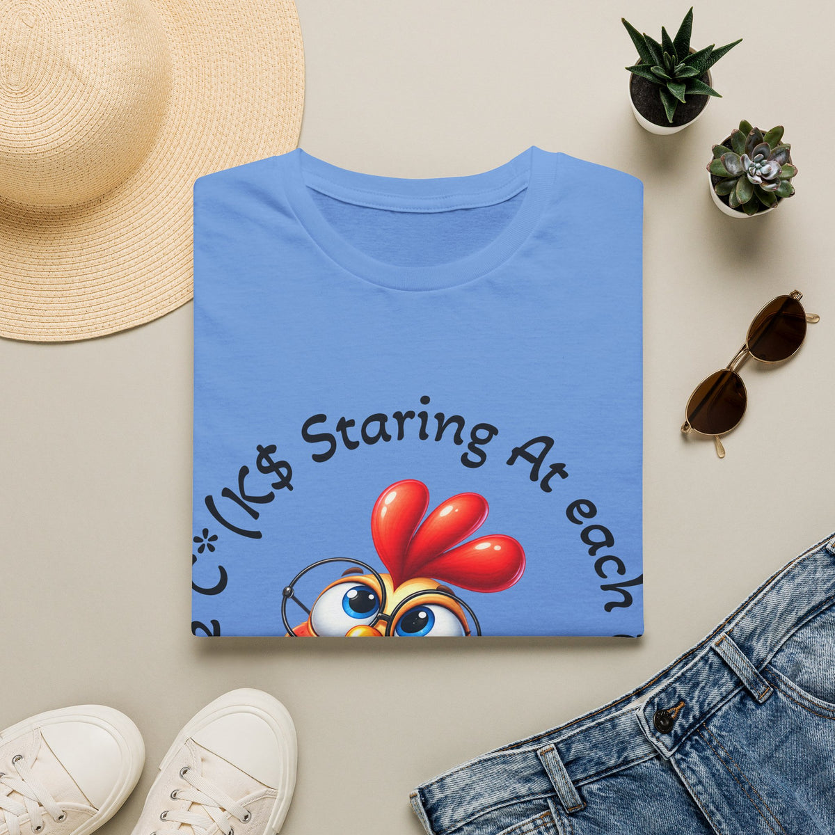 Chicken Cartoon Adult T-Shirt — "Staring At Each Other" Cute Funny Graphic Tee