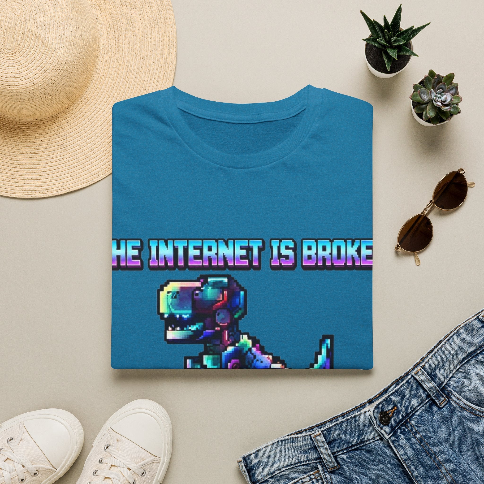 Internet Is Broke Adult  T-Shirt — Retro Pixel Dino "So Am I" Graphic Tee