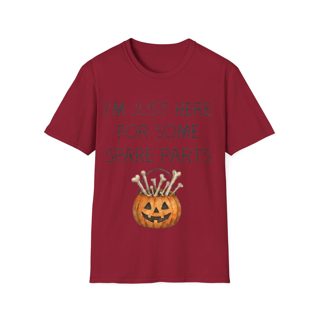 Halloween Pumpkin Jack-o'-Lantern Adult T-Shirt — "I'm Just Here For Some Spare Parts"