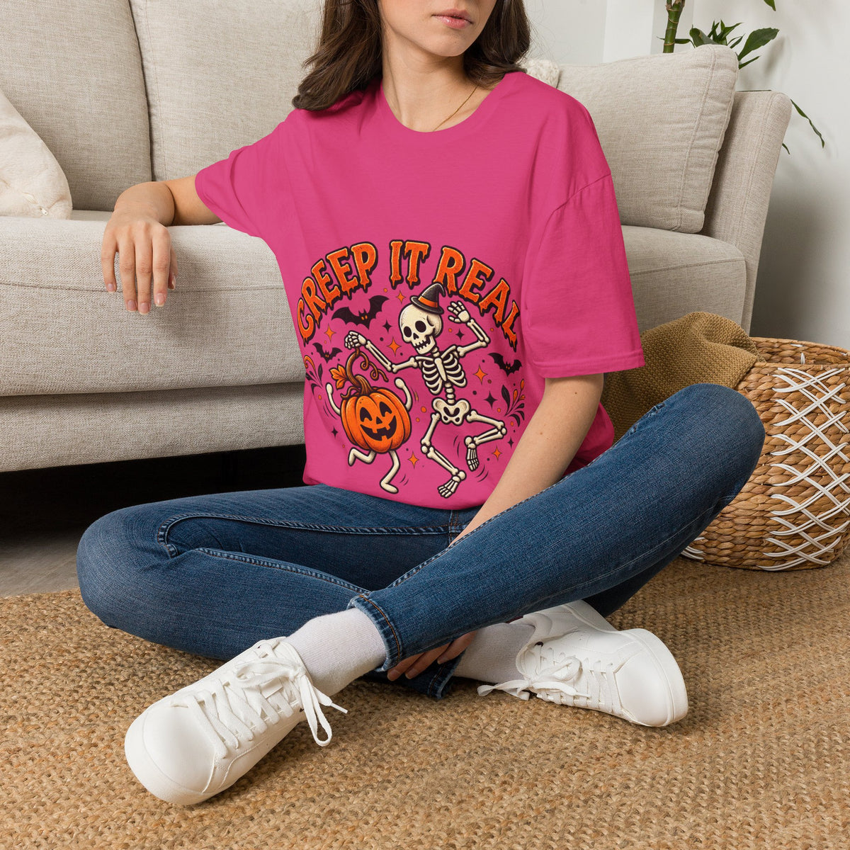 Creep It Real Halloween Adult T-Shirt — Dancing Skeleton & Pumpkin Graphic