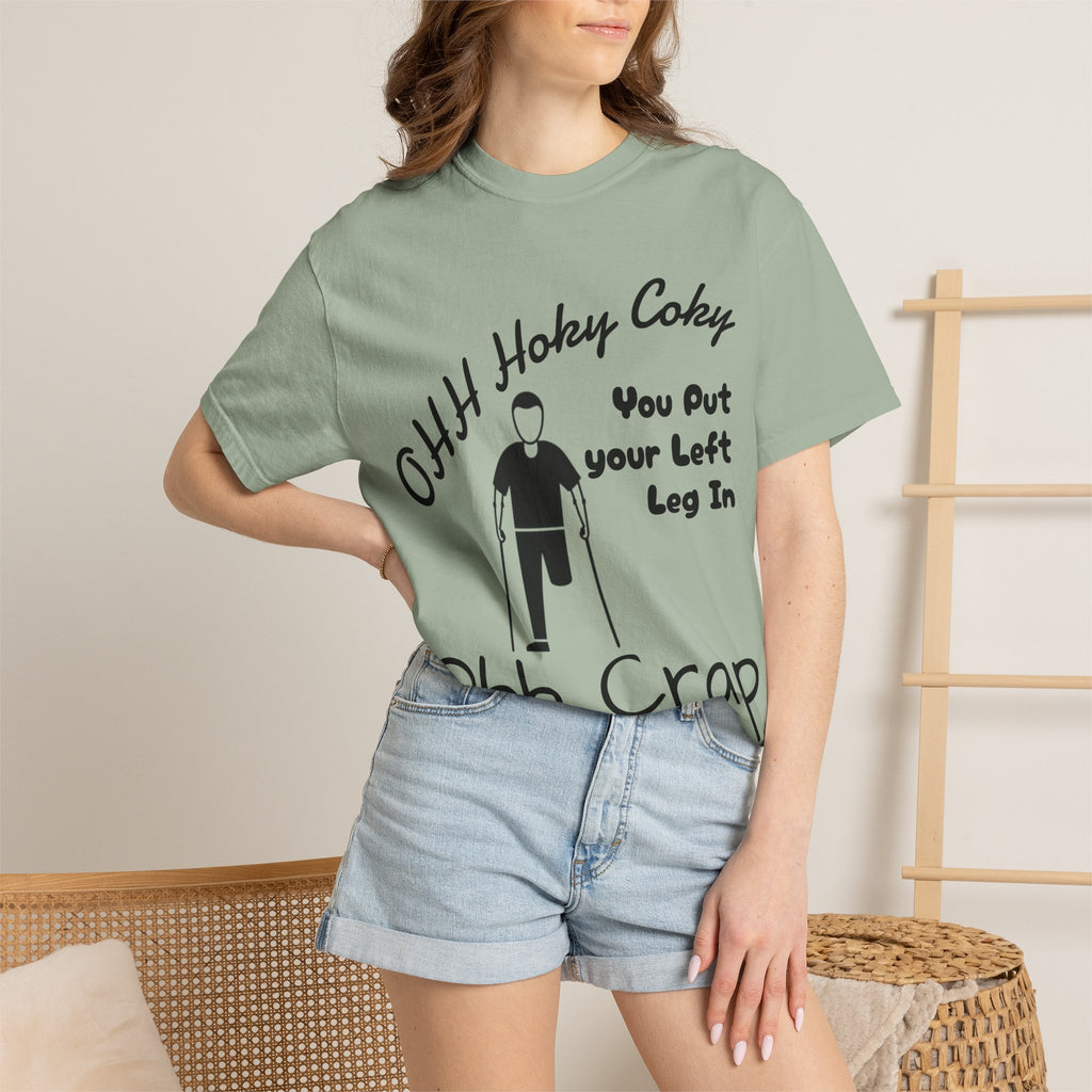 Ohh Hokey Cokey Prosthetic Leg Adult T-Shirt — "You Put Your Left Leg In, Ohh Crap" Funny Disability Humor Tee
