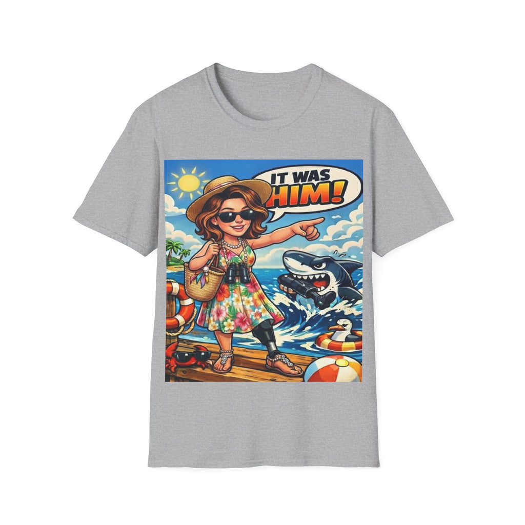 Adult T-Shirt — 'It Was Him!' Beach Shark Graphic Tee