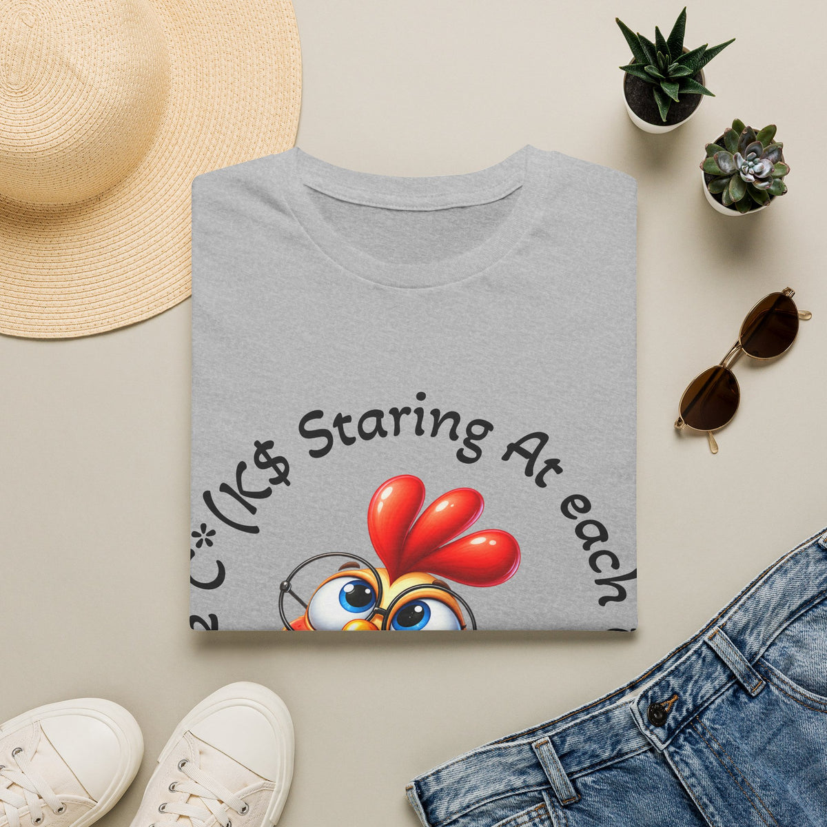 Chicken Cartoon Adult T-Shirt — "Staring At Each Other" Cute Funny Graphic Tee