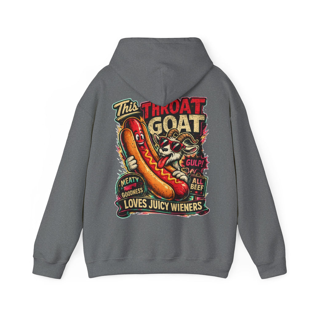 Hot Dog Goat Adult Hoodie - "This Throat Goat Loves Juicy Wieners" Graphic Hooded Sweatshirt