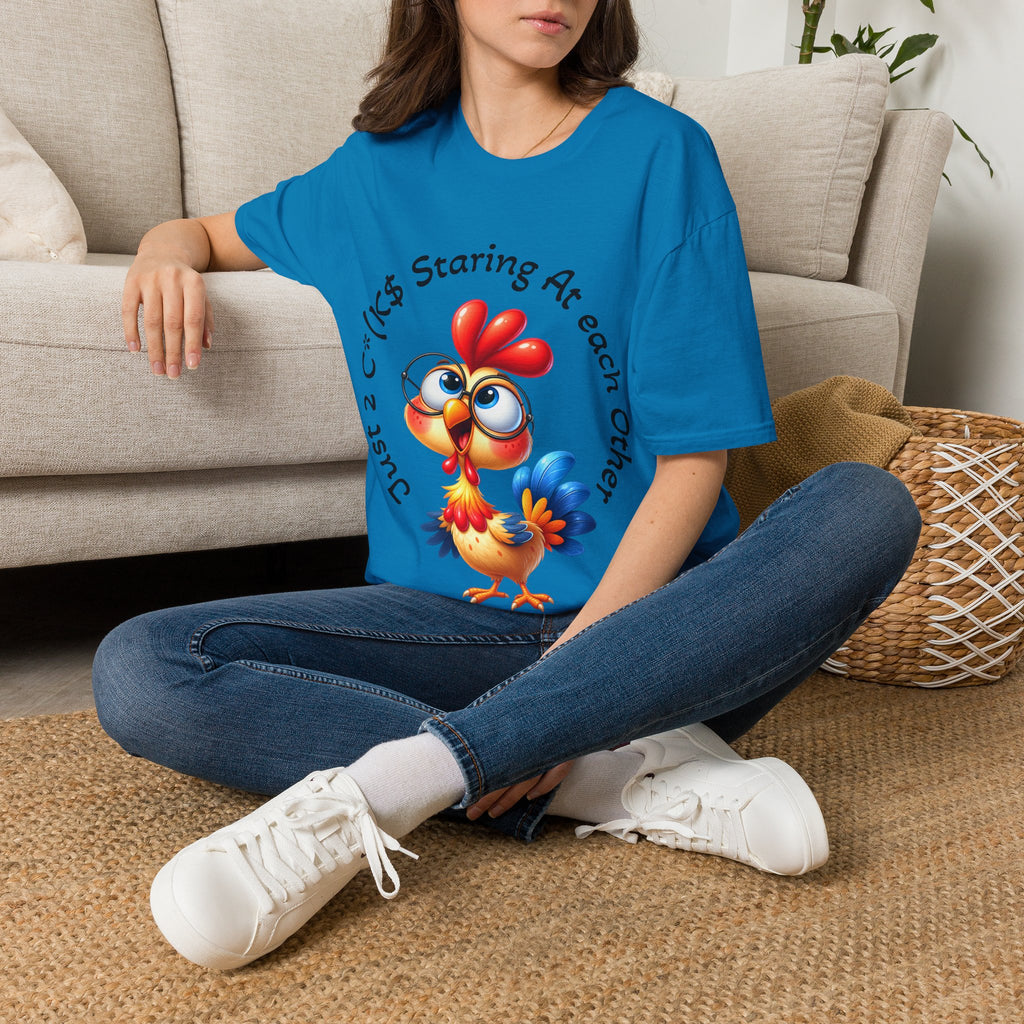 Chicken Cartoon Adult T-Shirt — "Staring At Each Other" Cute Funny Graphic Tee