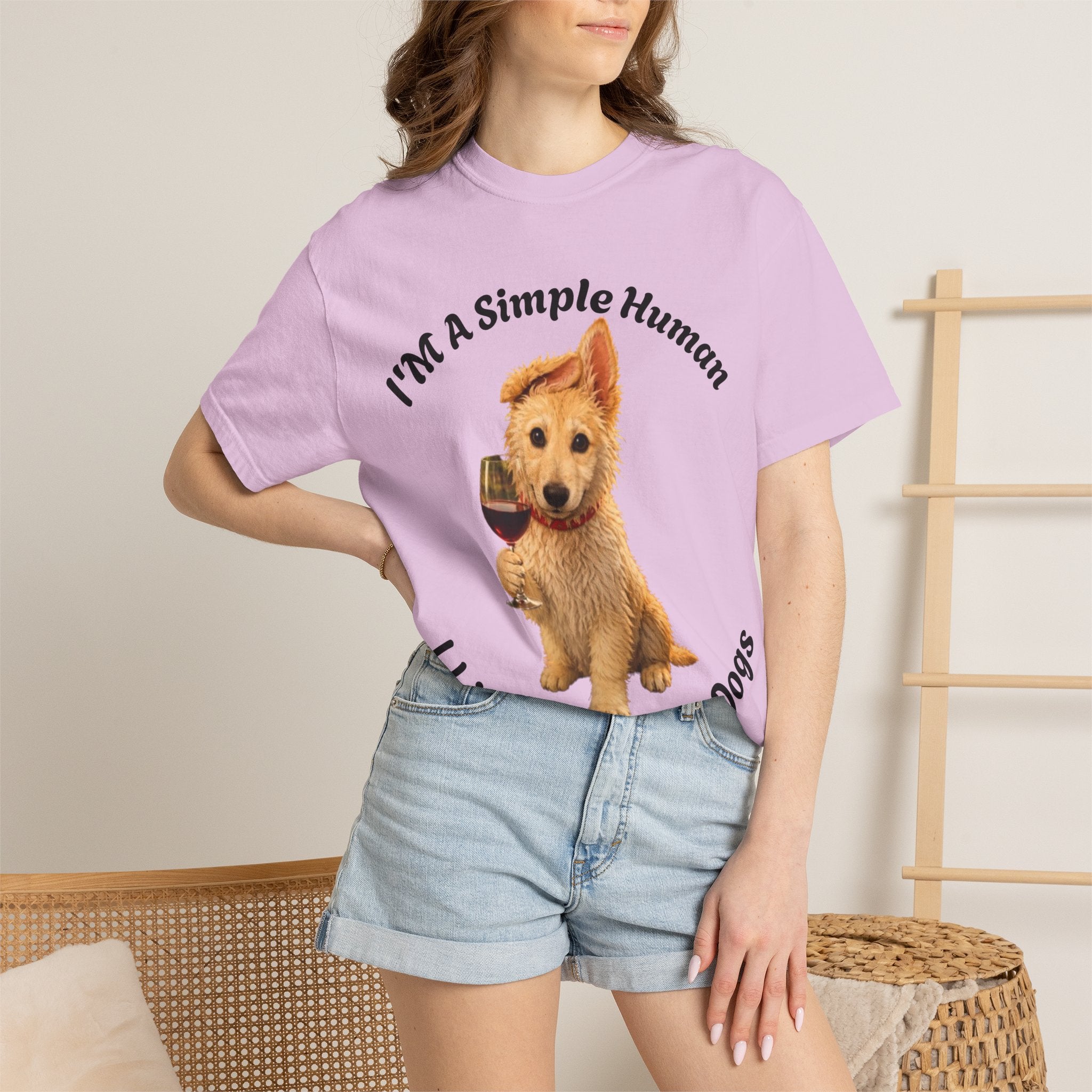 Adult T-Shirt — "I'm A Simple Human I Like Wine And Dogs" Cute Dog & Wine Graphic Tee