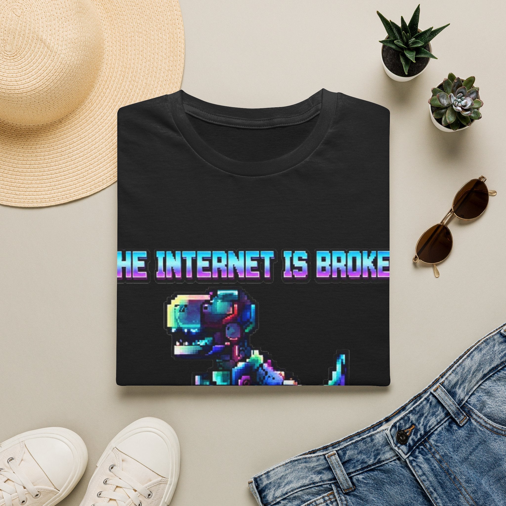 Internet Is Broke Adult  T-Shirt — Retro Pixel Dino "So Am I" Graphic Tee