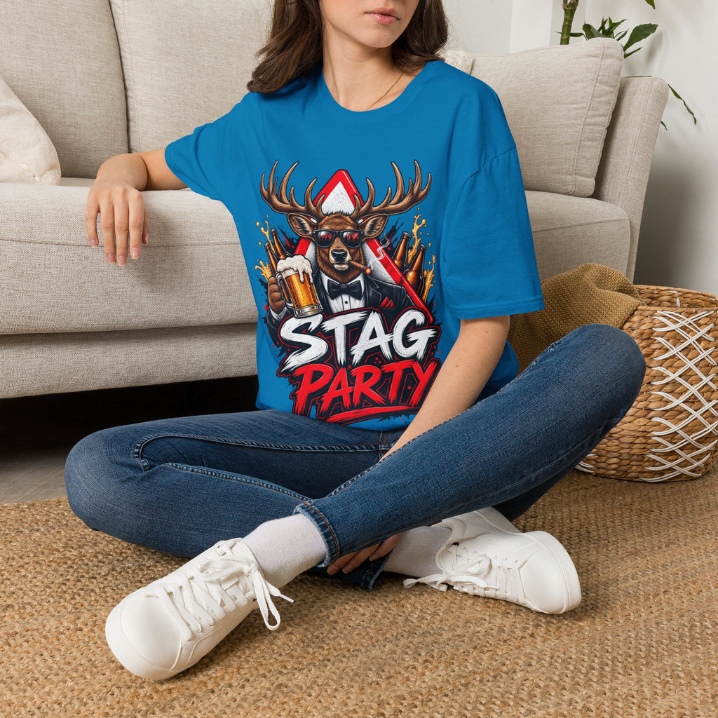 Stag Party Adult T-Shirt — Funny Beer-Drinking Deer Graphic Tee for Bachelor Parties