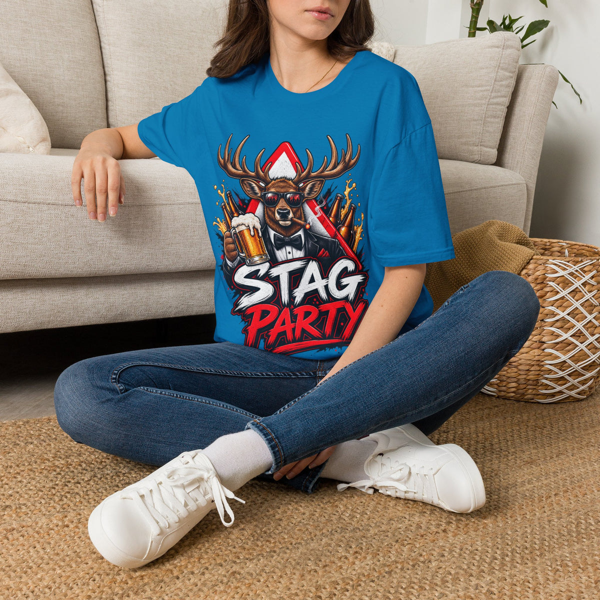 Stag Party Adult T-Shirt — Funny Beer-Drinking Deer Graphic Tee for Bachelor Parties