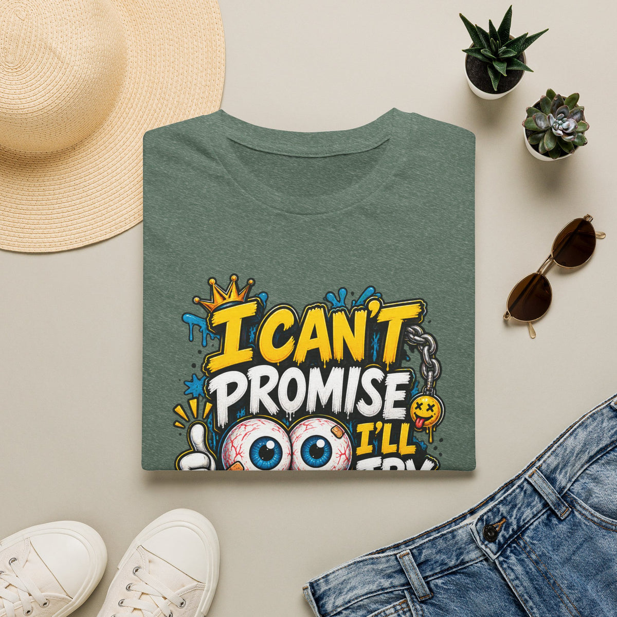 I Can't Promise I'll Try Graphic Adult T-Shirt — Funny Motivational Casual Tee