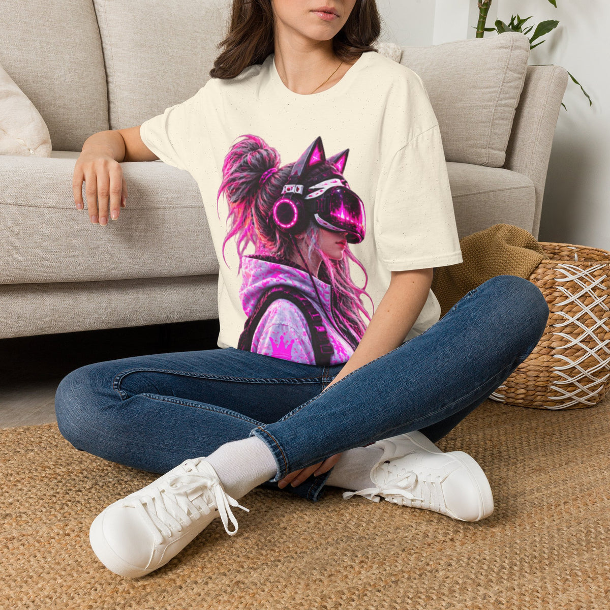 Cat VR Gamer Adult T‑Shirt — Neon Pink Cyberpunk Kitty Gamer Tee