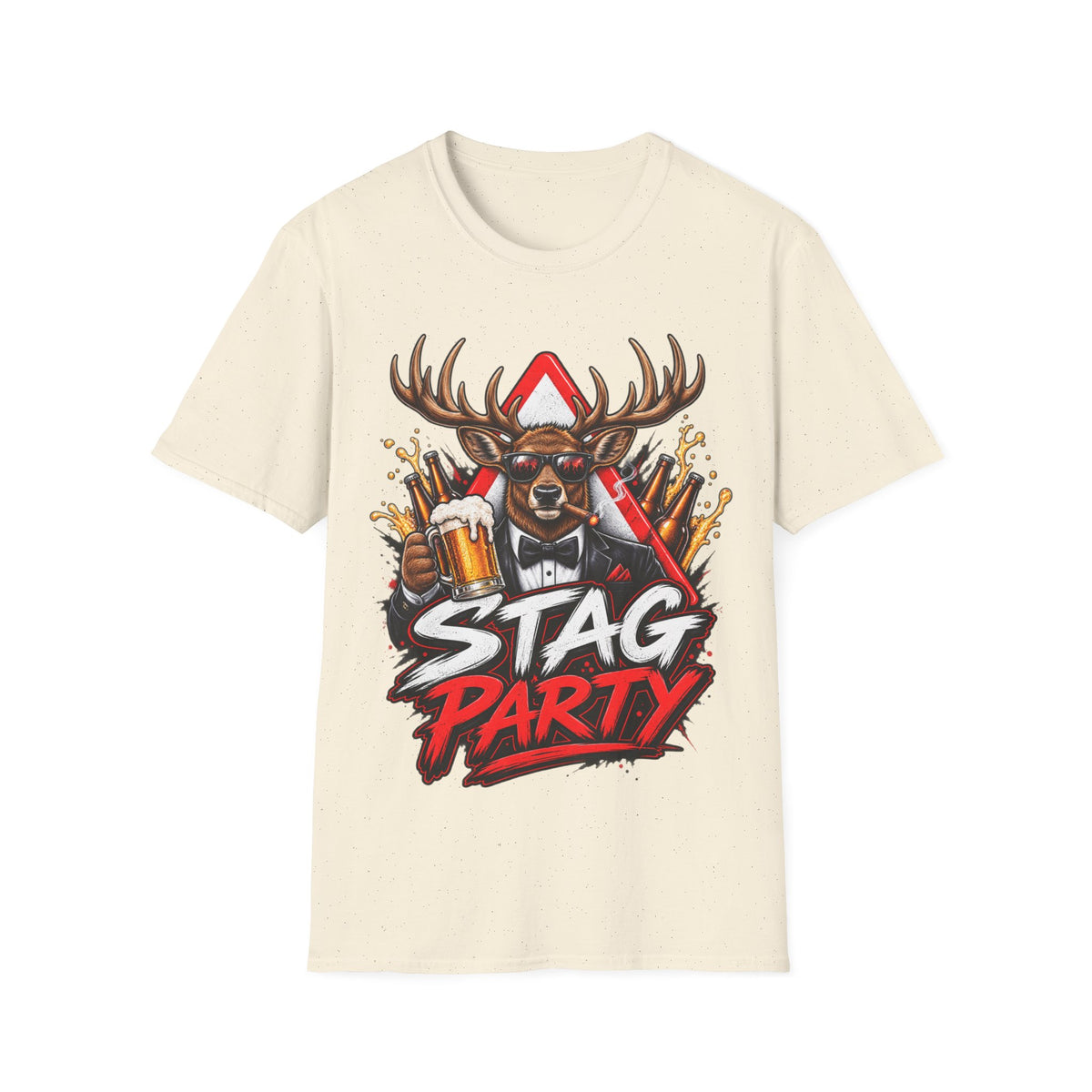 Stag Party Adult T-Shirt — Funny Beer-Drinking Deer Graphic Tee for Bachelor Parties