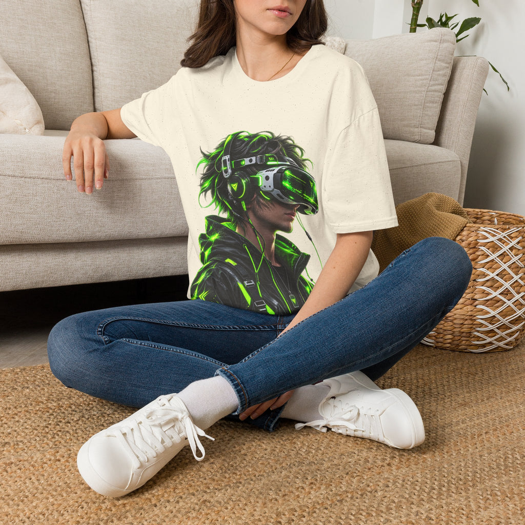 Cyberpunk VR Gamer Adult T-Shirt — Neon Green Virtual Reality Jacket Design