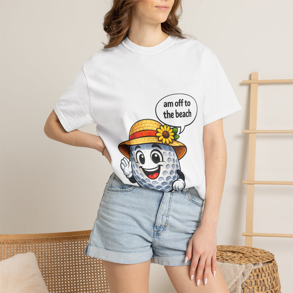 Golf Ball Graphic Tee — "am off to the beach" Cute Summer Golf T-Shirt