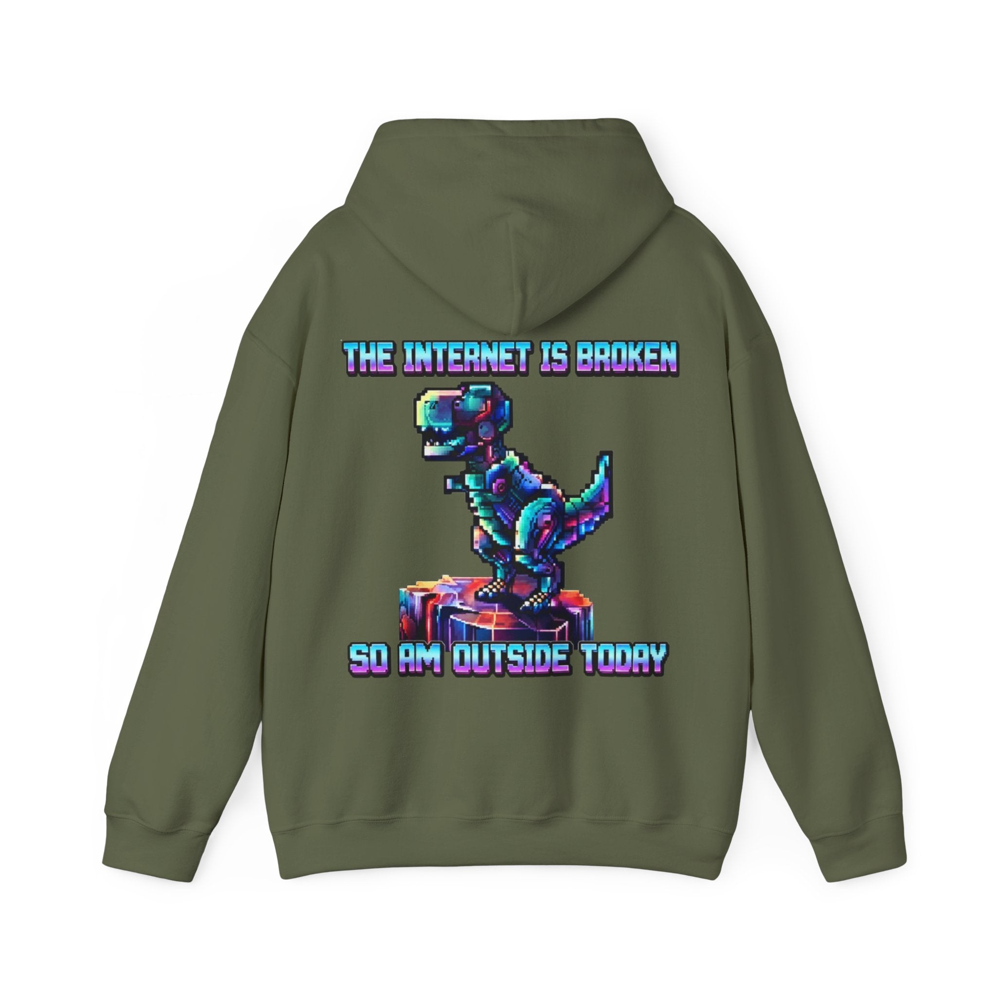 Retro Pixel Dino Adult Hoodie - "The Internet Is Broken So I’m Outside Today"