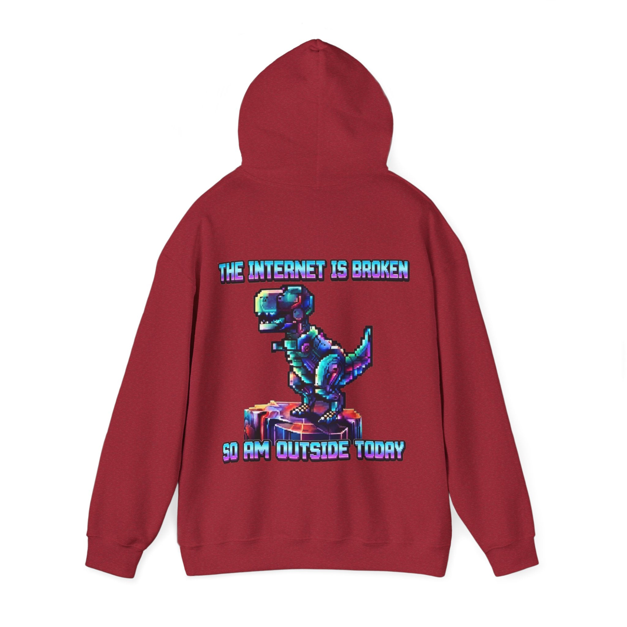 Retro Pixel Dino Adult Hoodie - "The Internet Is Broken So I’m Outside Today"