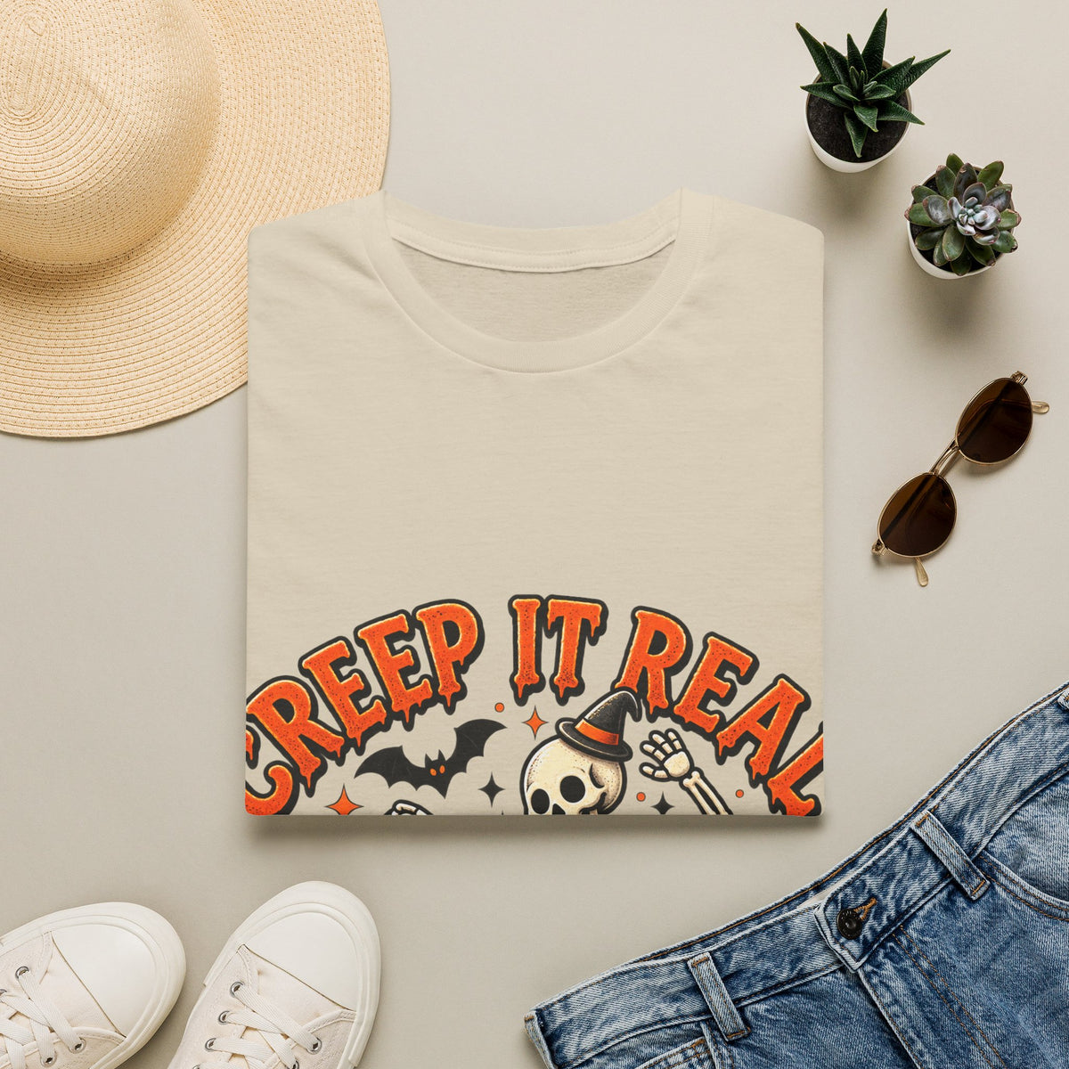 Creep It Real Halloween Adult T-Shirt — Dancing Skeleton & Pumpkin Graphic