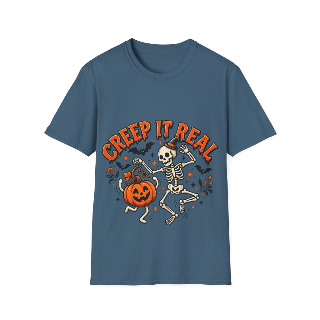 Creep It Real Halloween Adult T-Shirt — Dancing Skeleton & Pumpkin Graphic