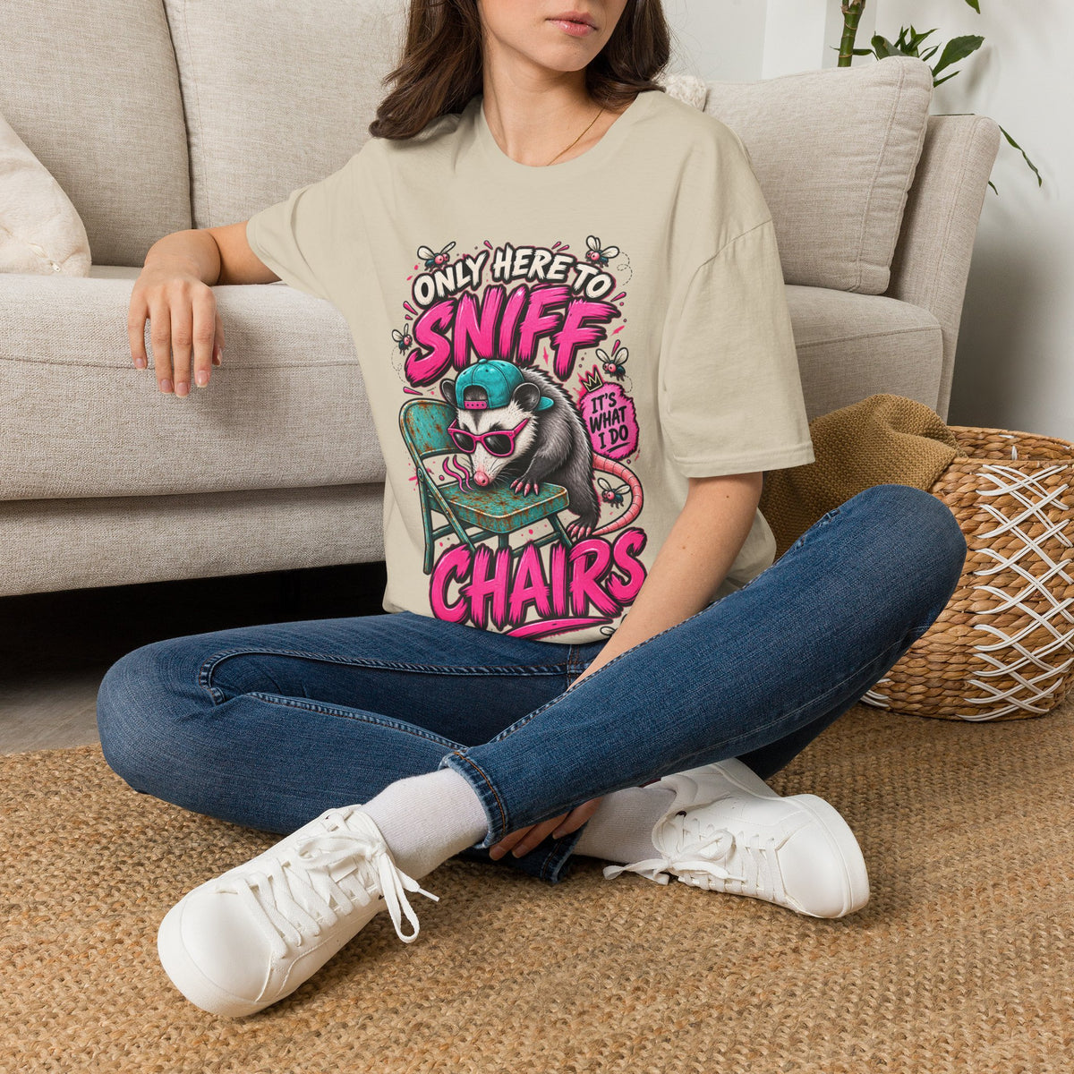 Adult T-Shirt — "Only Here to Sniff Chairs" Cute Ferret Graphic Tee