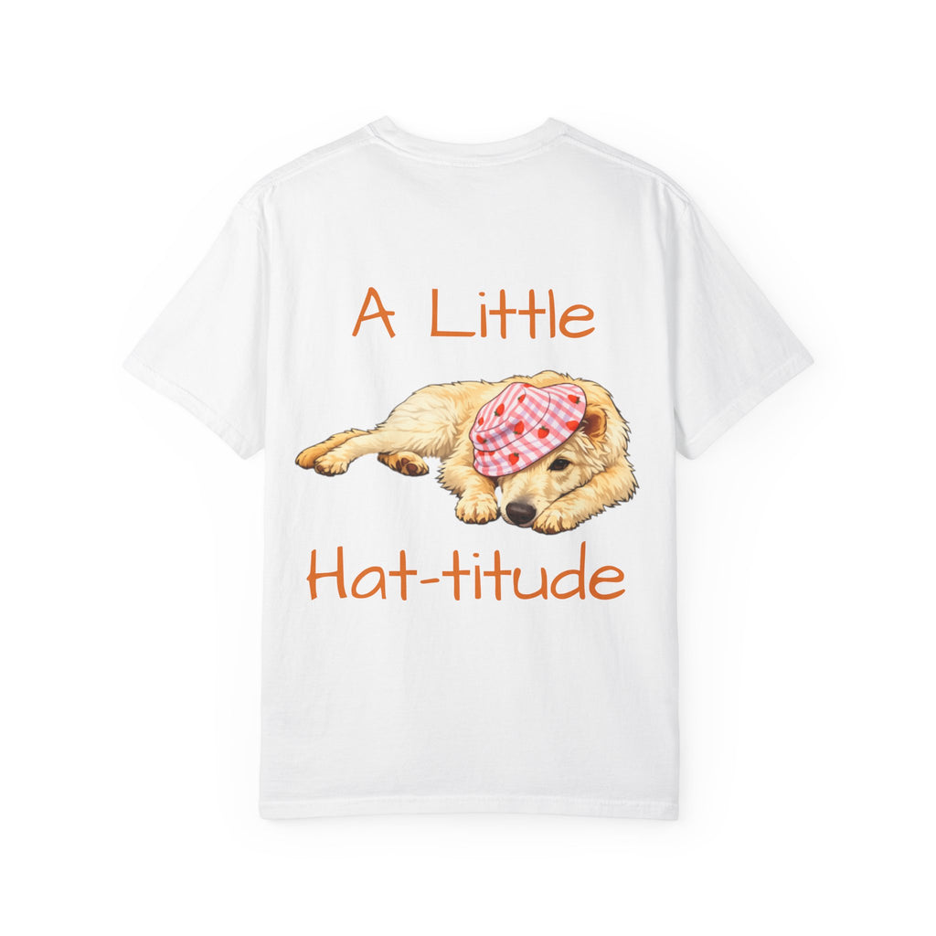 A Little Hat-Titude Puppy Adult T-Shirt | Cute Dog with Pink Hat, Paw Print