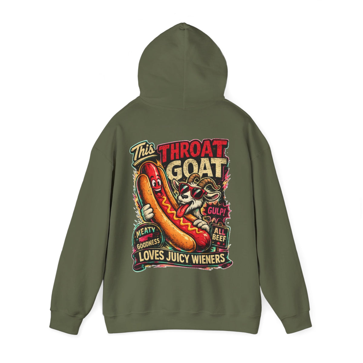 Hot Dog Goat Adult Hoodie - "This Throat Goat Loves Juicy Wieners" Graphic Hooded Sweatshirt