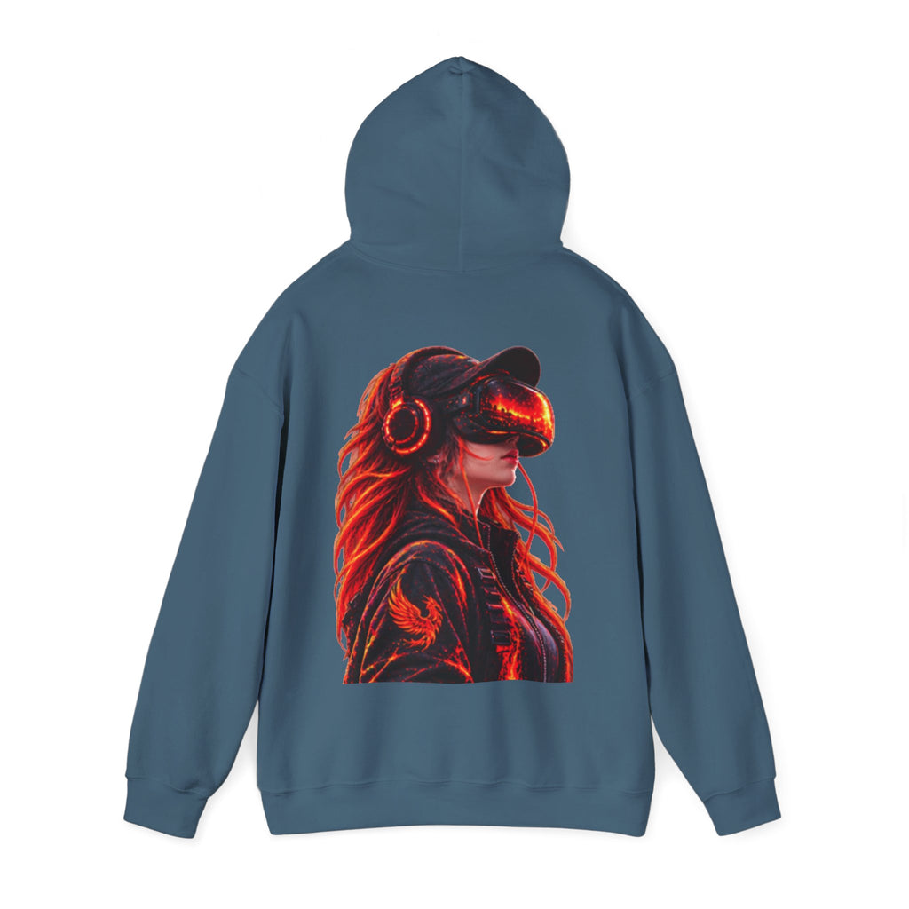 VR Headset Adult Hoodie — Futuristic Gamer Portrait Graphic Hooded Sweatshirt