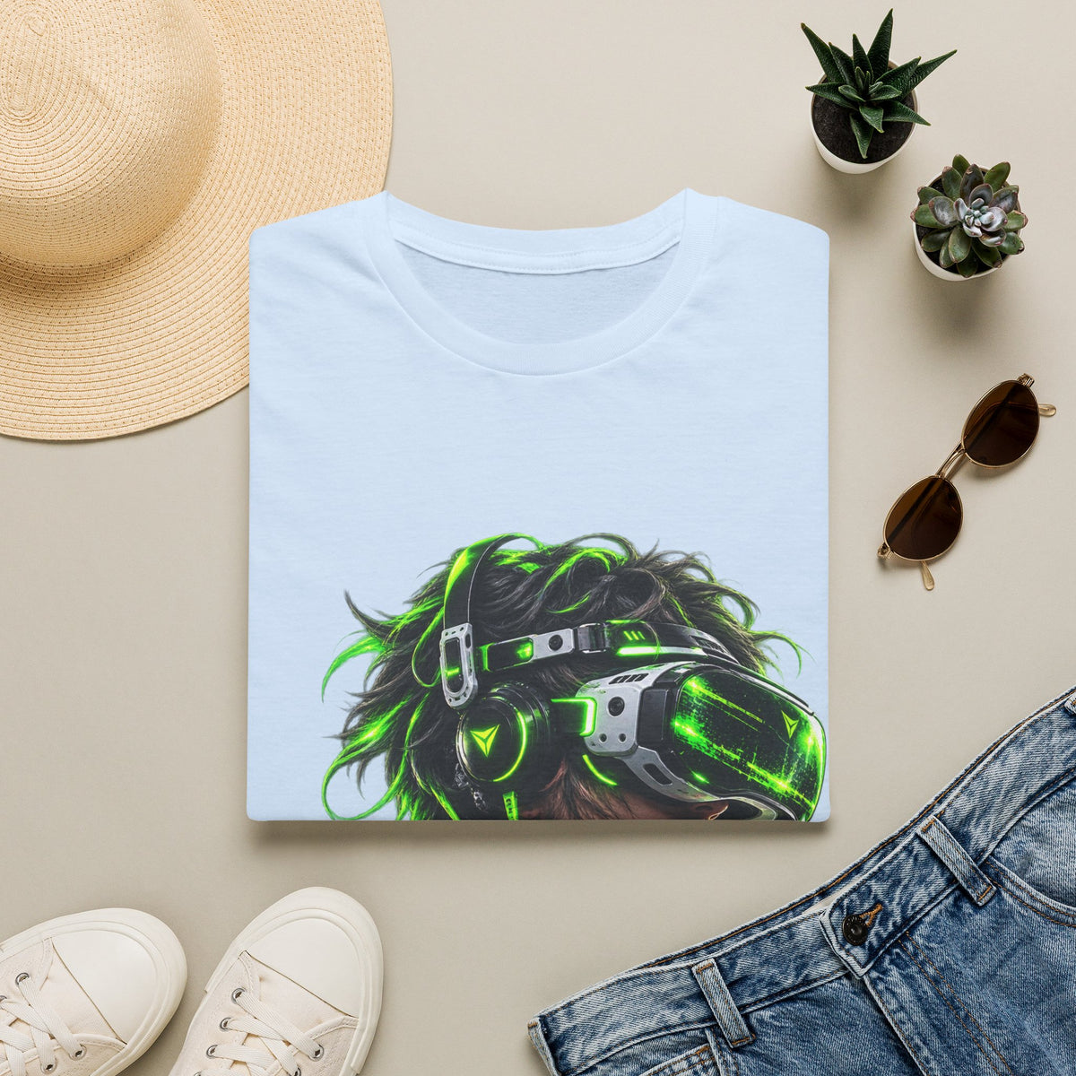 Cyberpunk VR Gamer Adult T-Shirt — Neon Green Virtual Reality Jacket Design