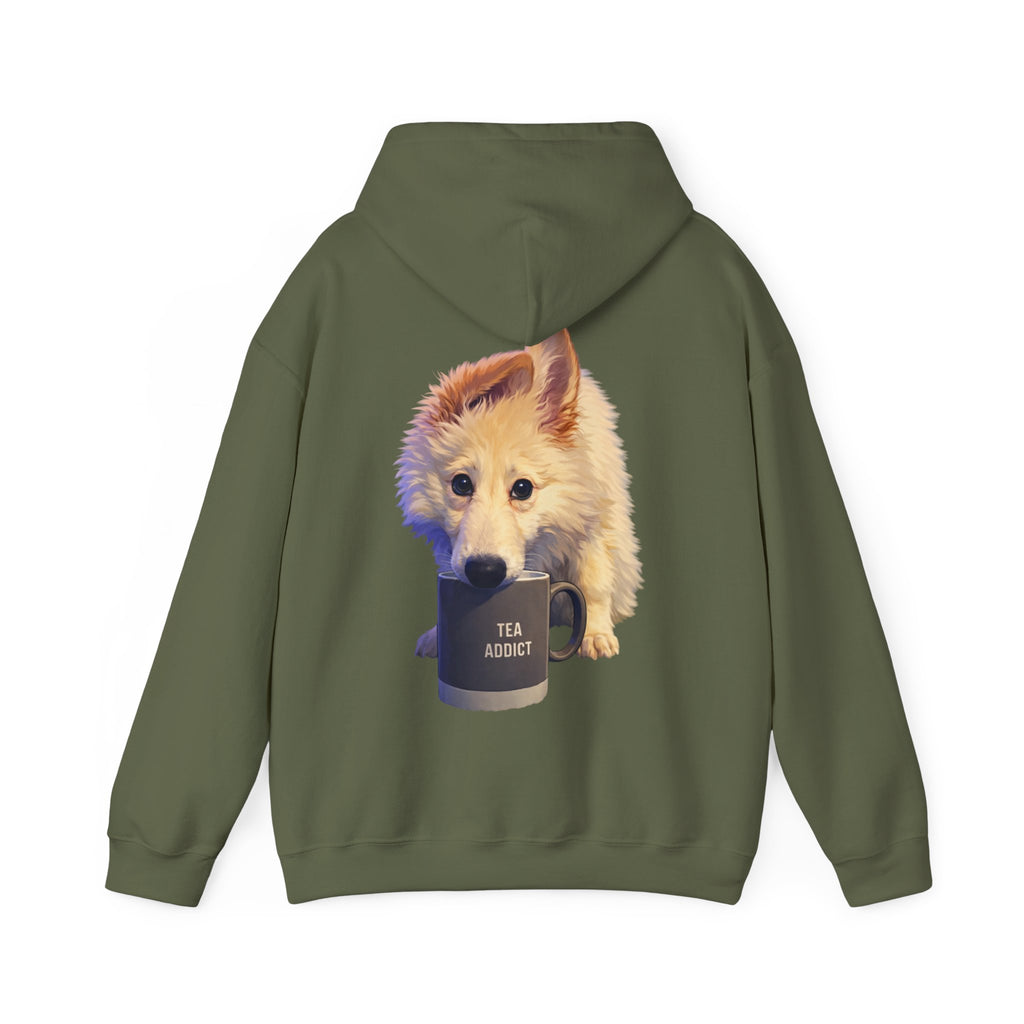 Cute Fluffy Dog With Tea Mug Adult Hoodie | Dog Illustration Sweatshirt