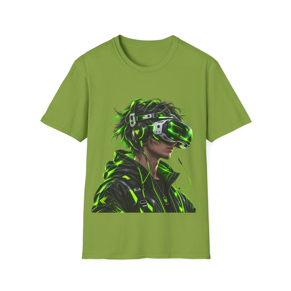 Cyberpunk VR Gamer Adult T-Shirt — Neon Green Virtual Reality Jacket Design