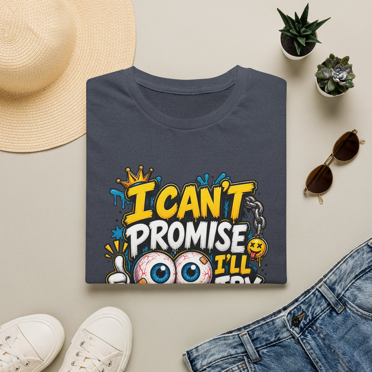 I Can't Promise I'll Try Graphic Adult T-Shirt — Funny Motivational Casual Tee