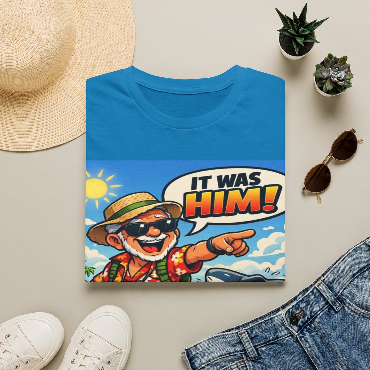 Adult T-Shirt — Retro Vacation Shark 'It Was Him!' Graphic Tee
