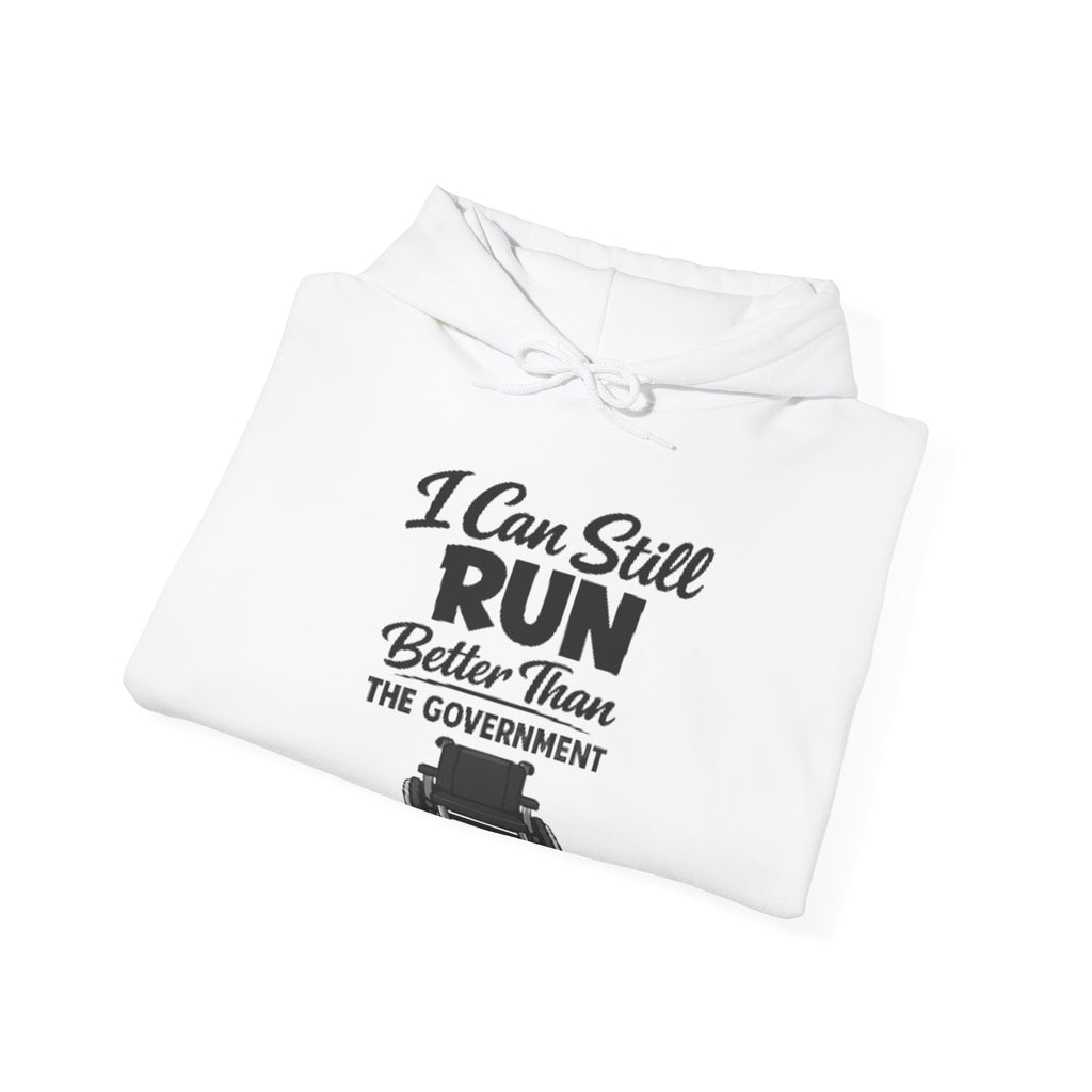 Adult Hoodie — "I Can Still Run Better Than The Government" Lawn Mower Funny Political Sweatshirt