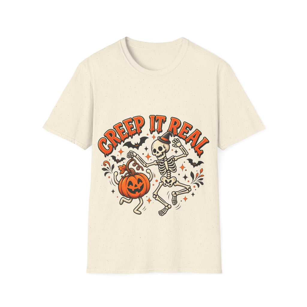 Creep It Real Halloween Adult T-Shirt — Dancing Skeleton & Pumpkin Graphic