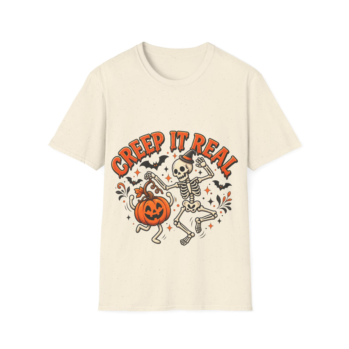 Creep It Real Halloween Adult T-Shirt — Dancing Skeleton & Pumpkin Graphic