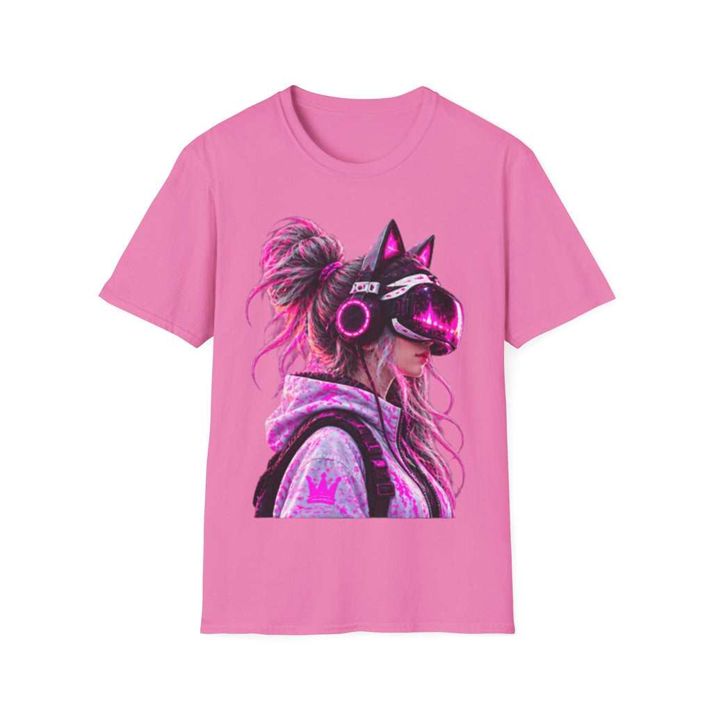 Cat VR Gamer Adult T‑Shirt — Neon Pink Cyberpunk Kitty Gamer Tee